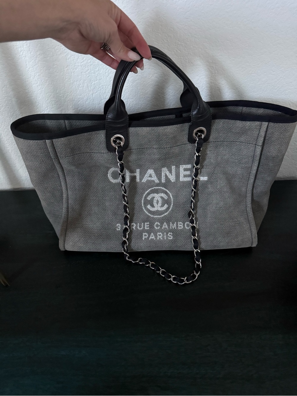 CHANEL • Deauville medium tote bag purse blue gray canvas leather